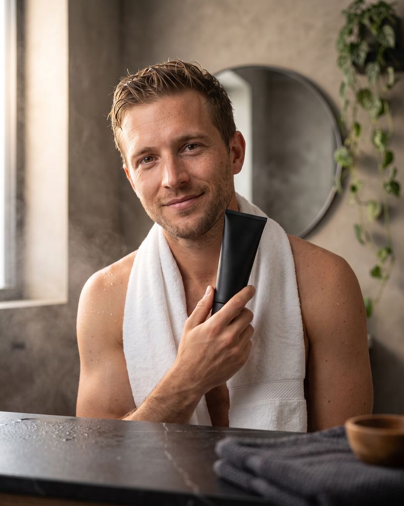 Leo, a house model, holding a black skincare tube in a sunlit bathroom